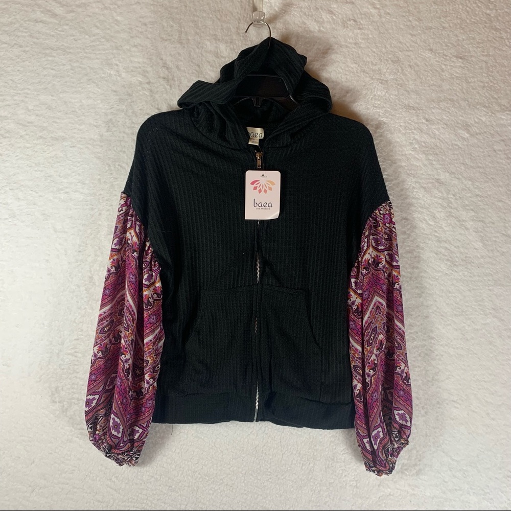 BAEA Thermal Knit Zip-up Hoodie Medium NWT Black Purple Pattern Sleeves‎ 4673